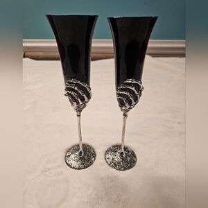 Black Glass Gothic Champagne Flutes With Metal Hand Stems